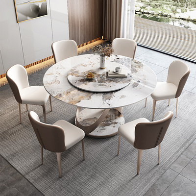 意式轻奢圆形岩板餐桌椅组合现代简约高端亮光旋转家用小户型饭桌