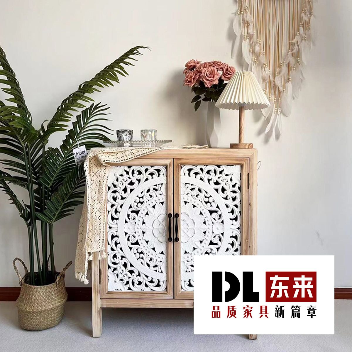 美式复古原木雕花玄关餐边柜