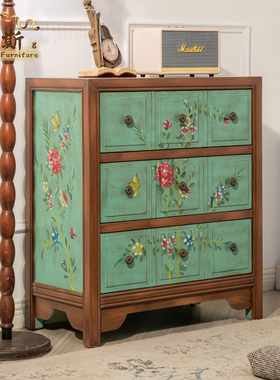 7W绿野仙踪客厅彩绘三斗柜美式边柜做旧绿色抽屉柜床头柜卧室储物
