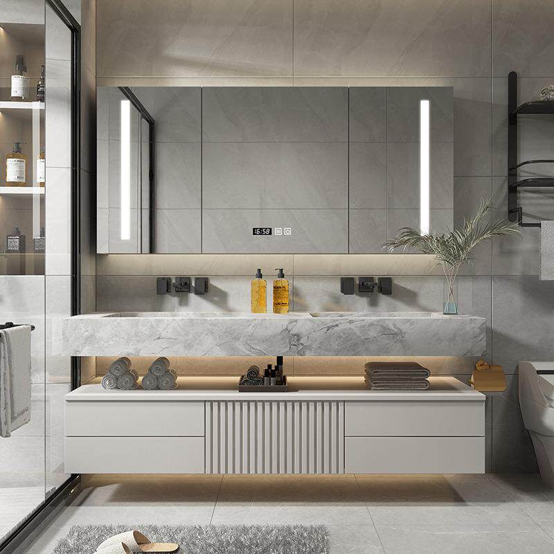 岩板一体无缝陶瓷盆轻奢浴室柜组合智能镜吊柜洗脸台
