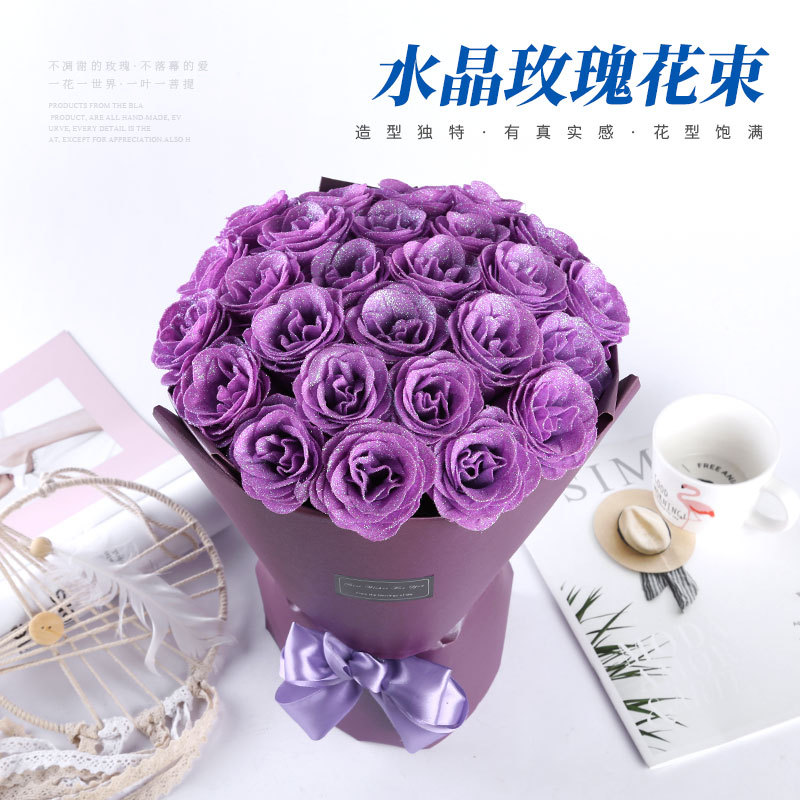 现货供应水晶金粉玫瑰花婚庆促销活动假仿真花束六层水晶玫瑰花束