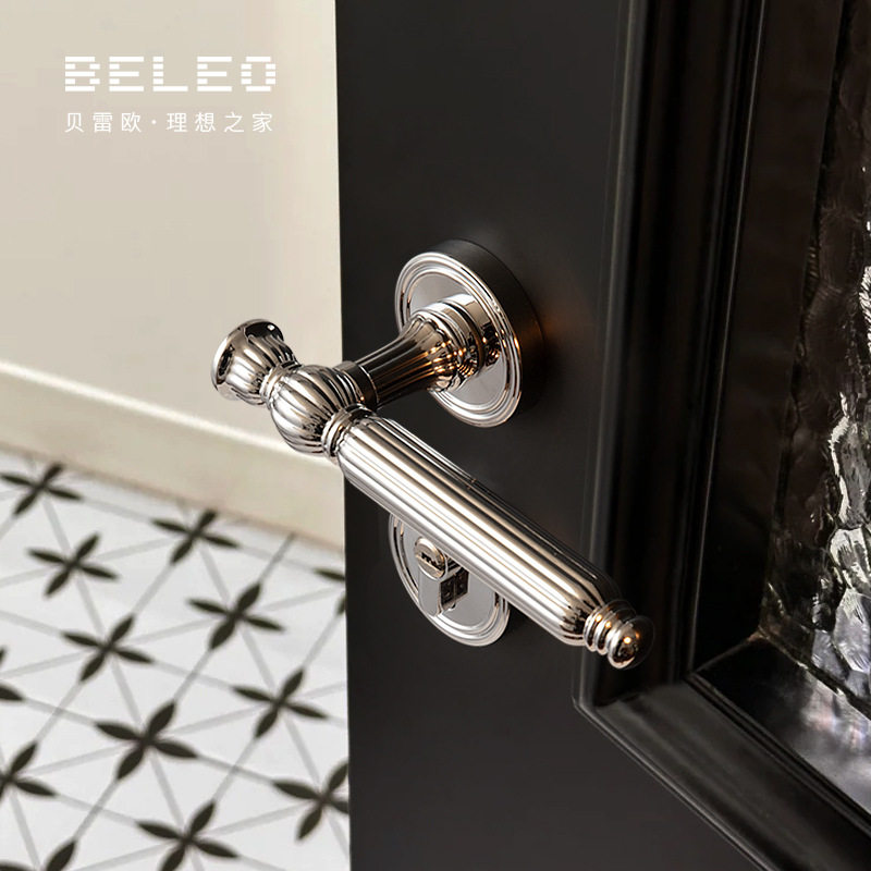 银色法式卧室门锁室内美式磁吸静音房门锁家用分体木门门把手套装