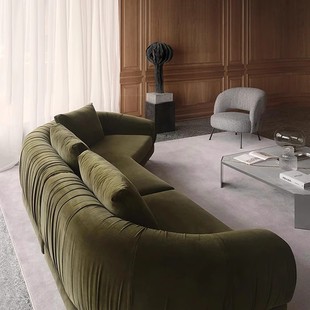 极简美式 轻奢墨绿色绒布别墅大户型客厅布艺褶皱转角弧形沙发组合