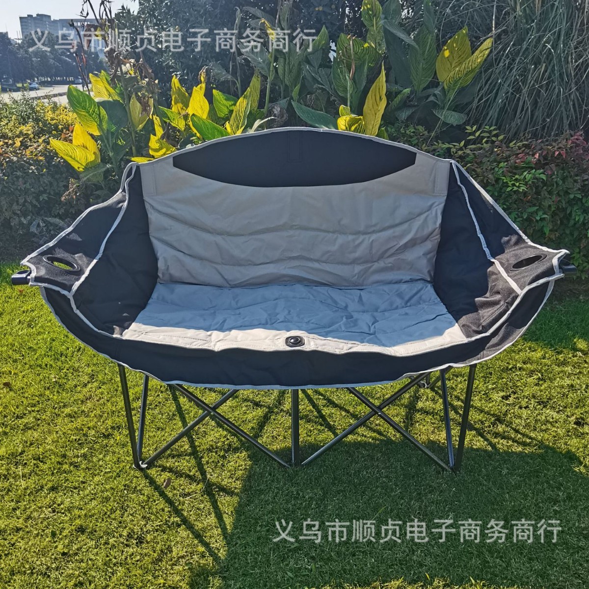 户外双人加棉扶手折叠椅带杯托