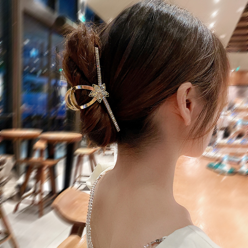 韩国金属大号抓夹女花朵水晶发夹锆石后脑勺盘发鲨鱼夹子韩版头饰