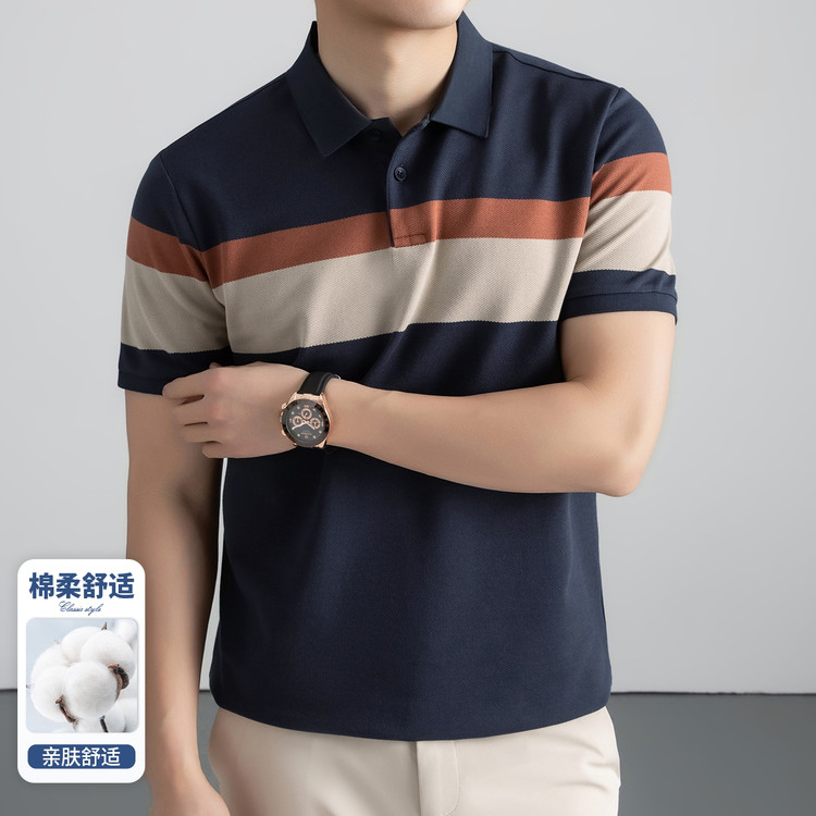 LUXURY PIG夏装条纹短袖polo衫男棉质透气装父亲衣服半袖t恤26174