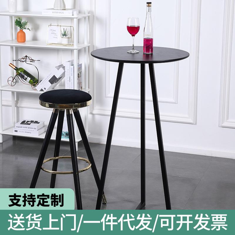 黑色吧台桌子咖啡桌铁艺金属高脚桌实木圆桌奶茶店小户型创意吧桌