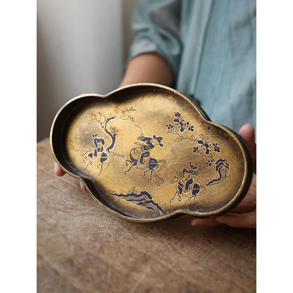 优茶道宋式仿古纯铜漆绘壶承手工黄铜壶垫建水铜茶盘干泡台茶盘