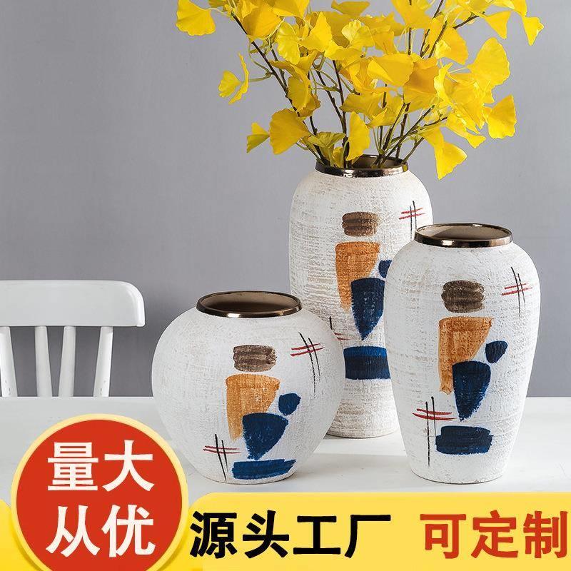 景德镇手绘陶瓷花瓶摆件北欧抽象白色花瓶客厅插花干花器中式家居
