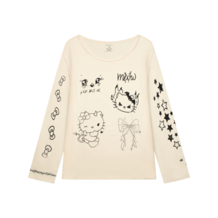 t恤宽松健身上衣罩衫 kitty卡通印花女长袖 运动大圆领 暗黑喵呜