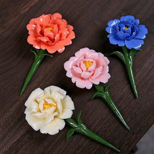 陶瓷手捏玫瑰花花枝摆件牡丹水仙梅花陶瓷花手工花枝装饰摆件