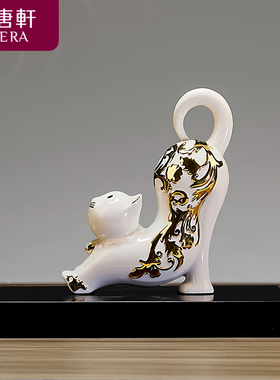乾唐轩活瓷吉祥富贵猫礼品手工陶瓷生肖工艺品桌面装饰品家居摆件