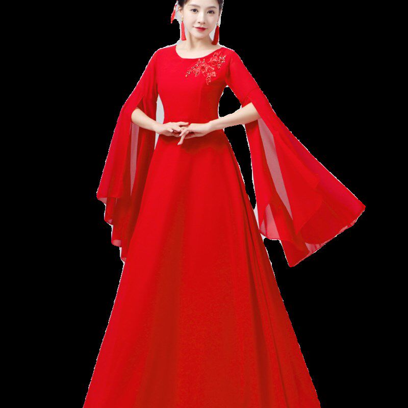 成人古筝演出服女中国风飘逸蹈服清新淡雅水袖连衣裙X古典舞表演