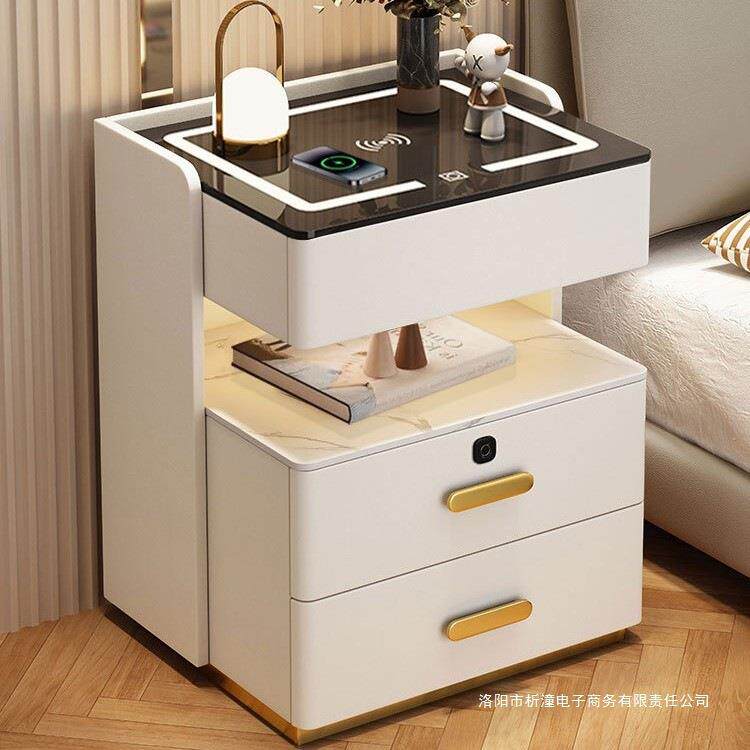轻奢实木智能床头柜简约现代免安装家用多功能卧室岩板充电床边柜