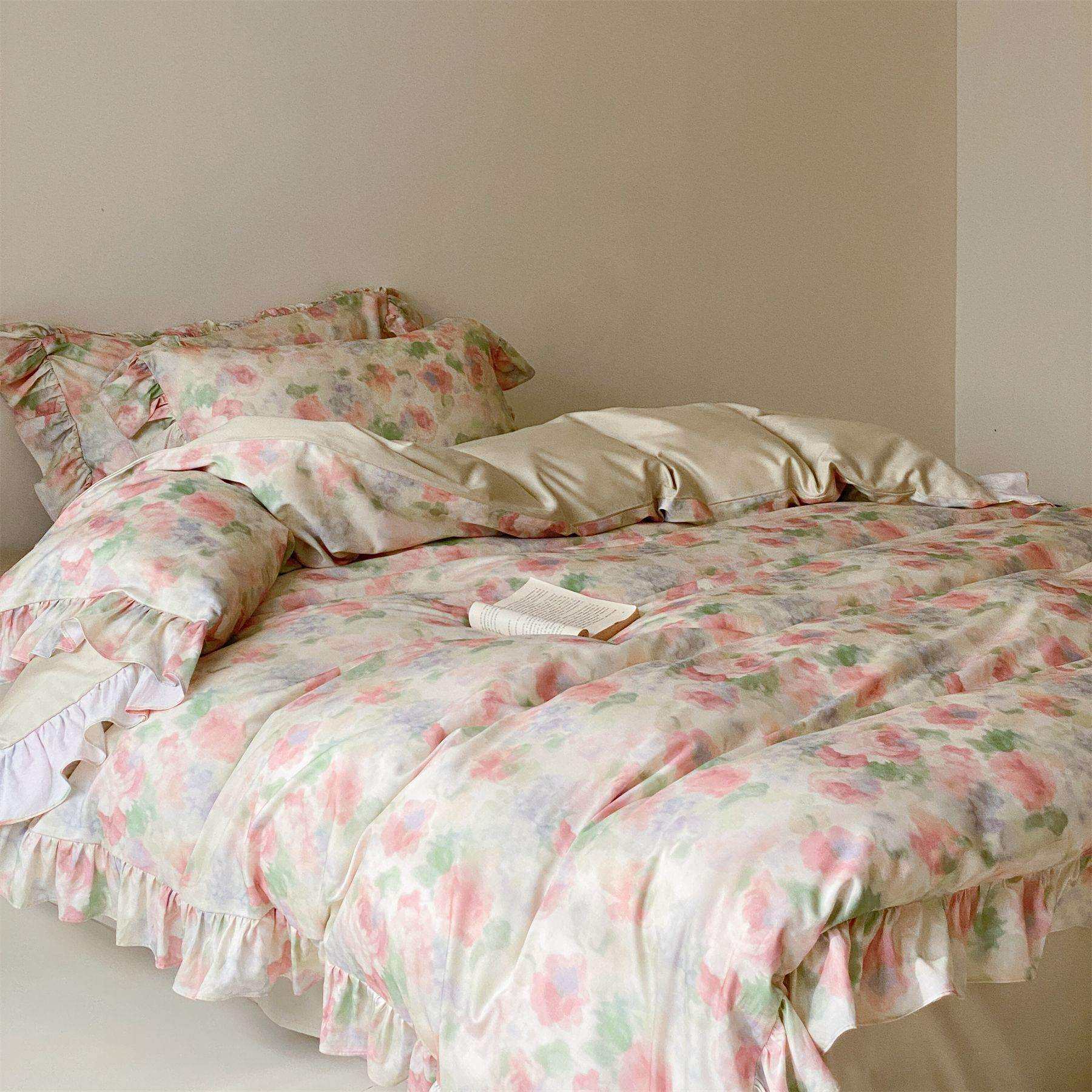 法式复古花卉60支天丝棉磨毛数码印花四件套田园风双人床上用品