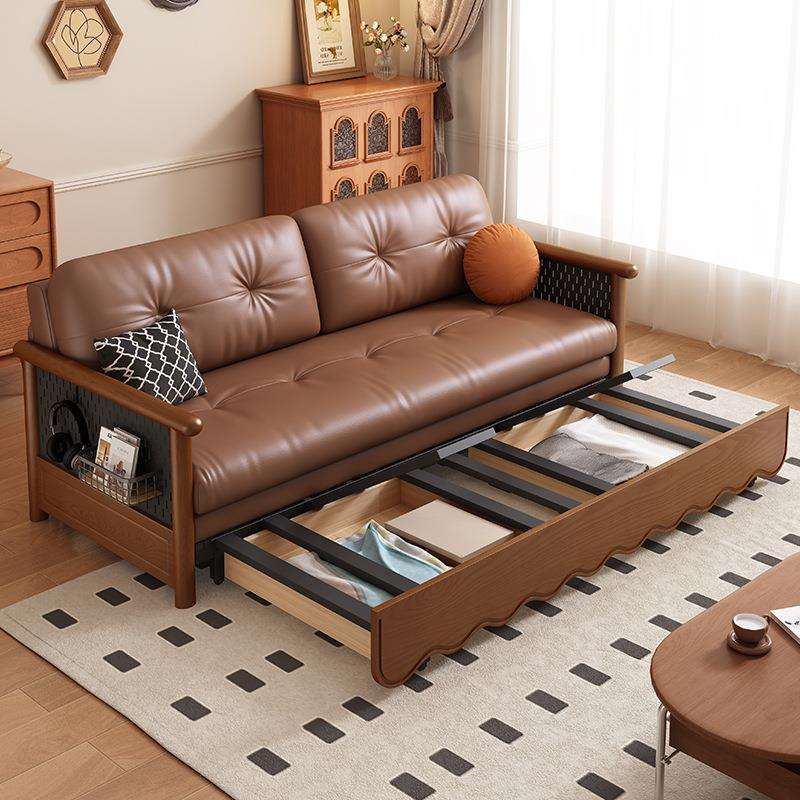 中式复古风实木沙发床折叠两用推拉多功能客厅带储物猫抓皮沙发床