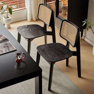 复古黑色实木北欧餐椅家用免安装简约网红藤编椅子