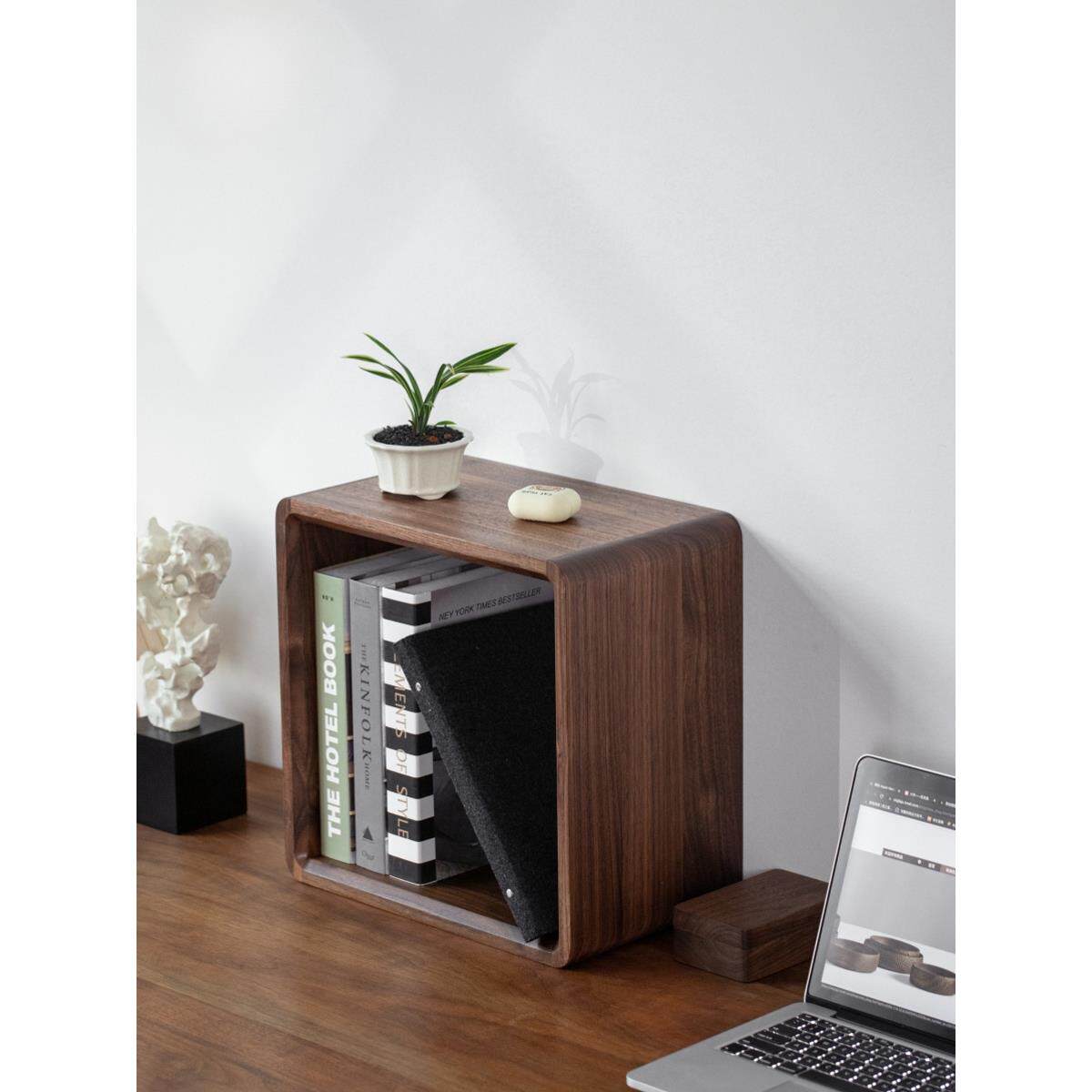 黑胡桃实木桌面书架置物架格子架木质办公桌上收纳架自由组合柜