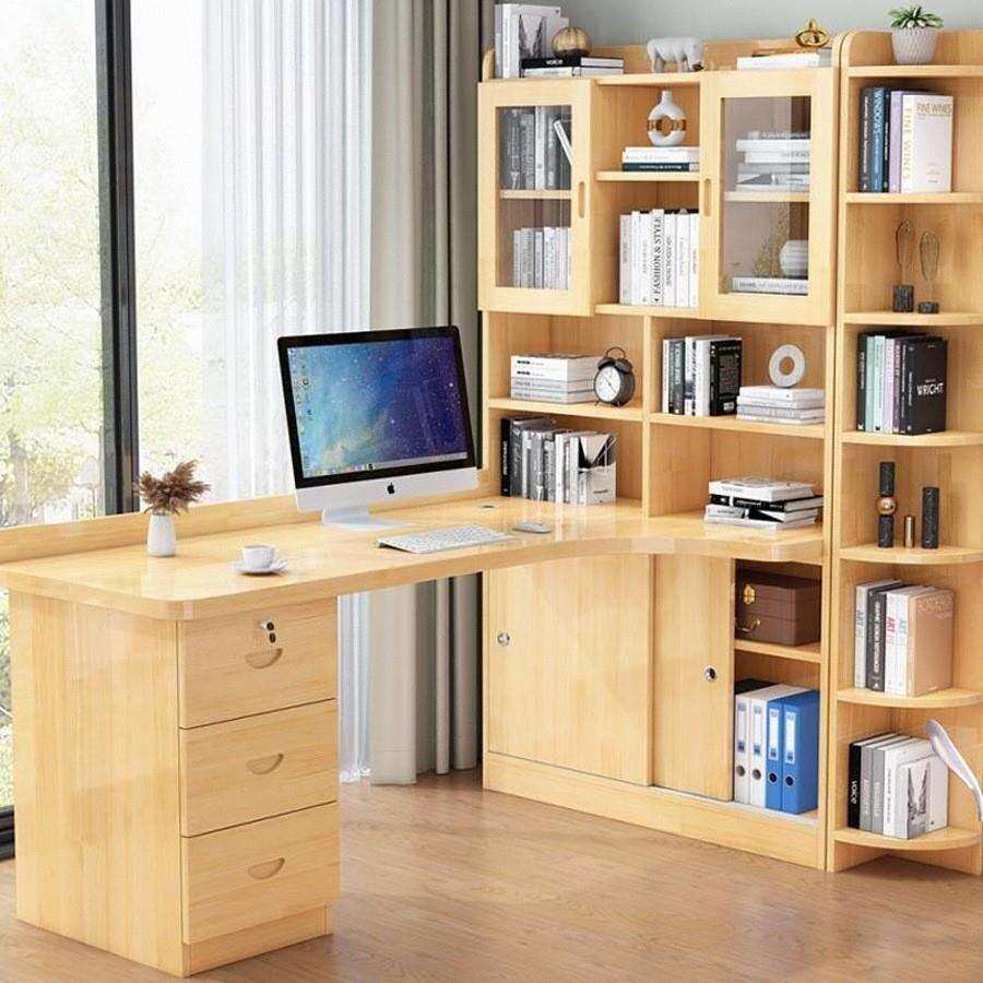 实木转角书桌书架一体组合卧室儿童学习写字桌简约台式办公电脑桌