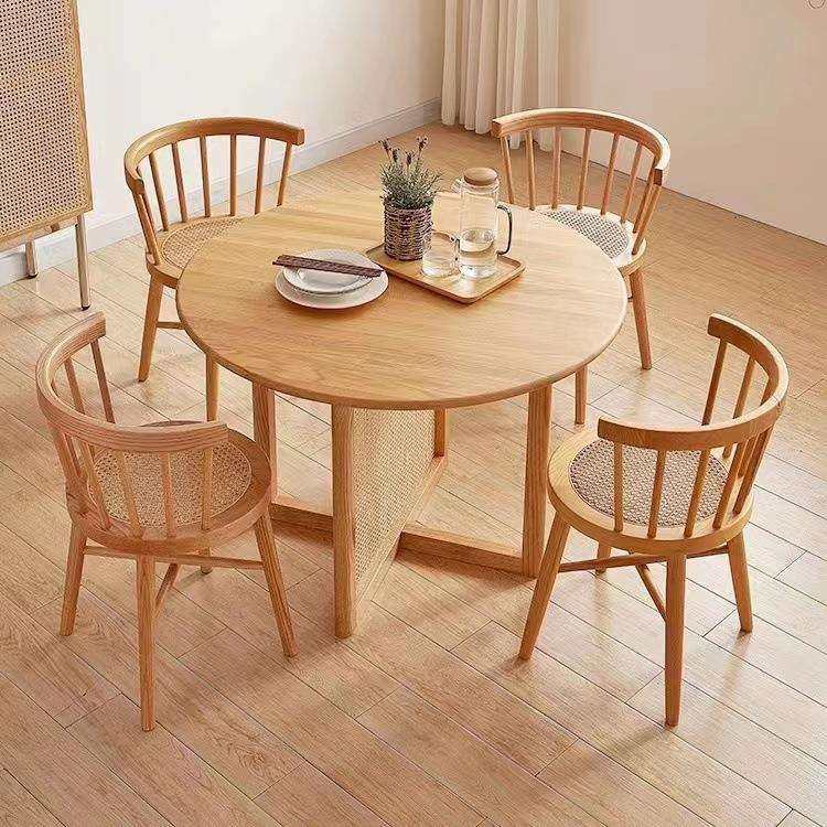 日式实木藤编餐桌椅子家用书桌靠背温莎公主椅美式复古化妆梳妆凳