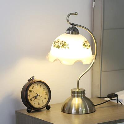 美式复古玻璃台灯卧室床头创意铁艺弯管青古铜色灯饰灯具3059