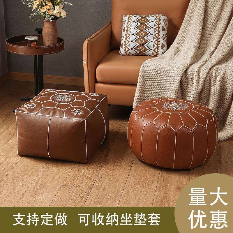 客厅沙发凳油蜡皮坐墩美式复古高档坐垫刺绣蒲团坐墩加高地上坐垫