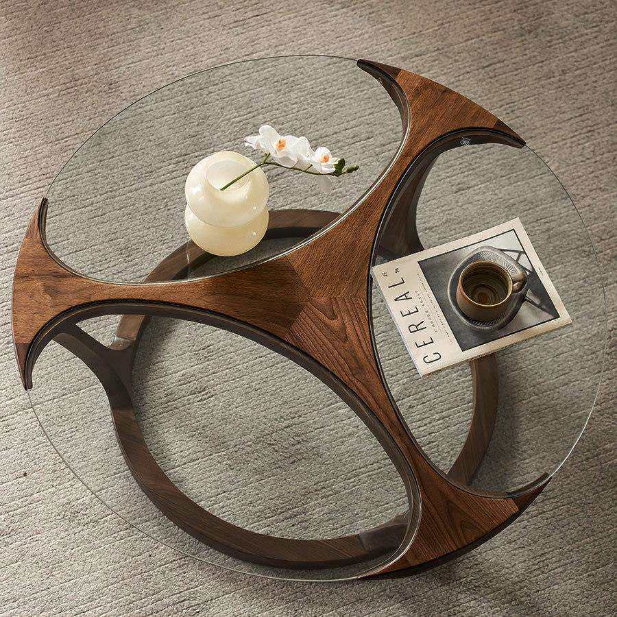 茶色玻璃圆形茶几北美黑胡桃木茶几现代简约矮桌客厅现代简约家具