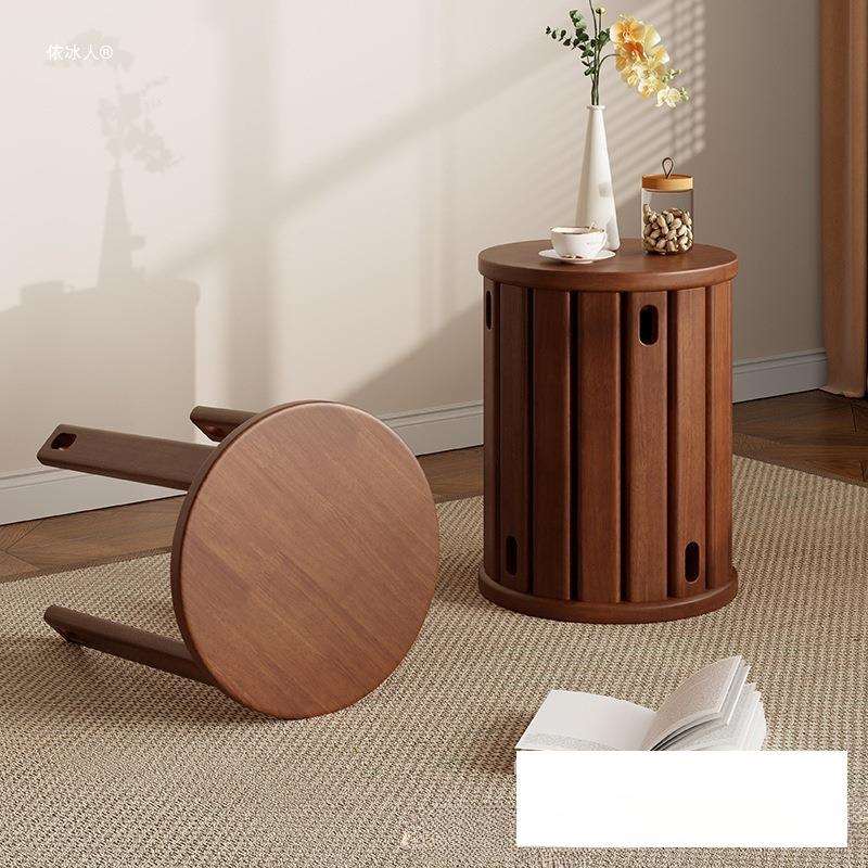 家用凳子可叠放实木圆凳叠叠乐新中式矮凳带滑轮木凳厨房餐厅板凳