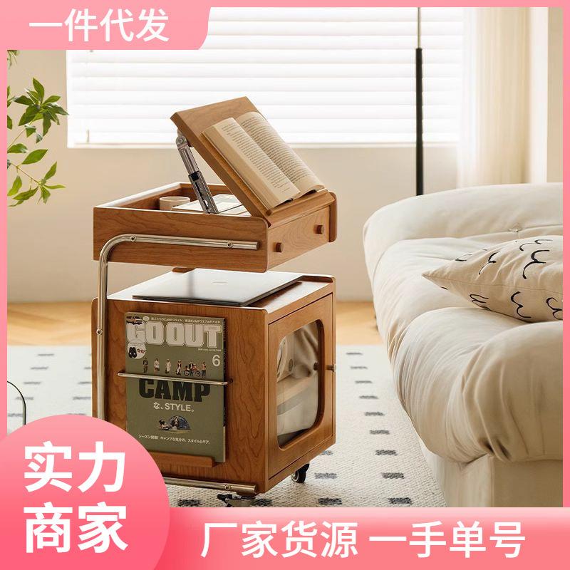小野边柜实木中古风小推车床头收纳柜复古可移动沙发边几机器人