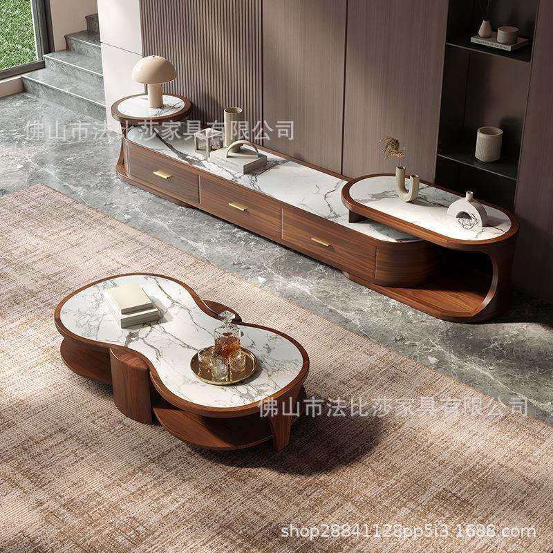 新中式乌金木岩板茶几电视柜组合现代简约客厅家用实木黑胡桃木色