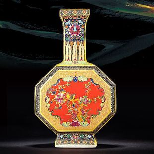 珐琅彩 花鸟月亮扁瓶景德镇手工陶瓷家居摆件插花瓷器复古花瓶