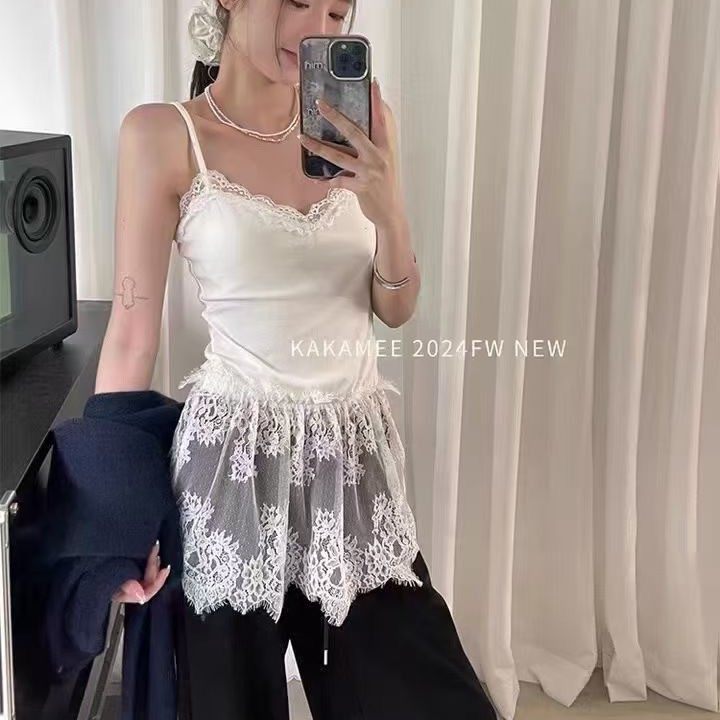 纯色性感纯欲风蕾丝裙花边吊带背心女秋季内搭带胸垫美背长款上衣