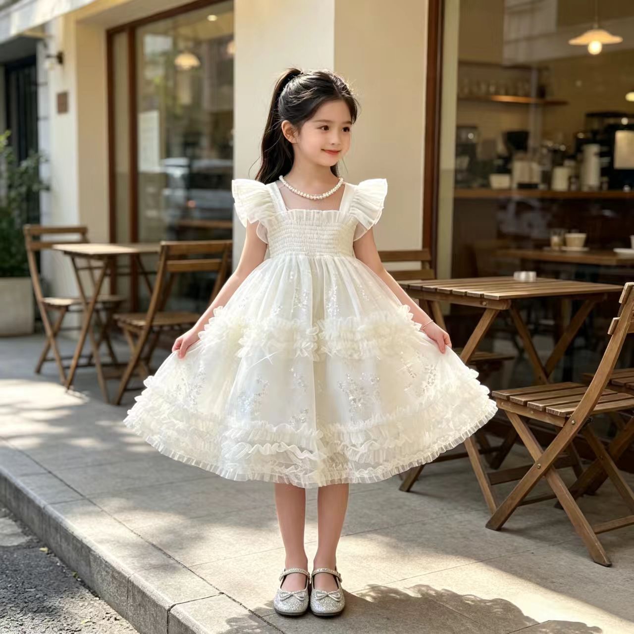 2026款夏女童飞袖亮片网纱公主裙