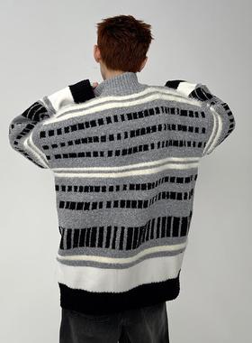 EAT 潮流撞色拉链立领复古毛衣男女高级感慵懒风加厚开衫针织外套