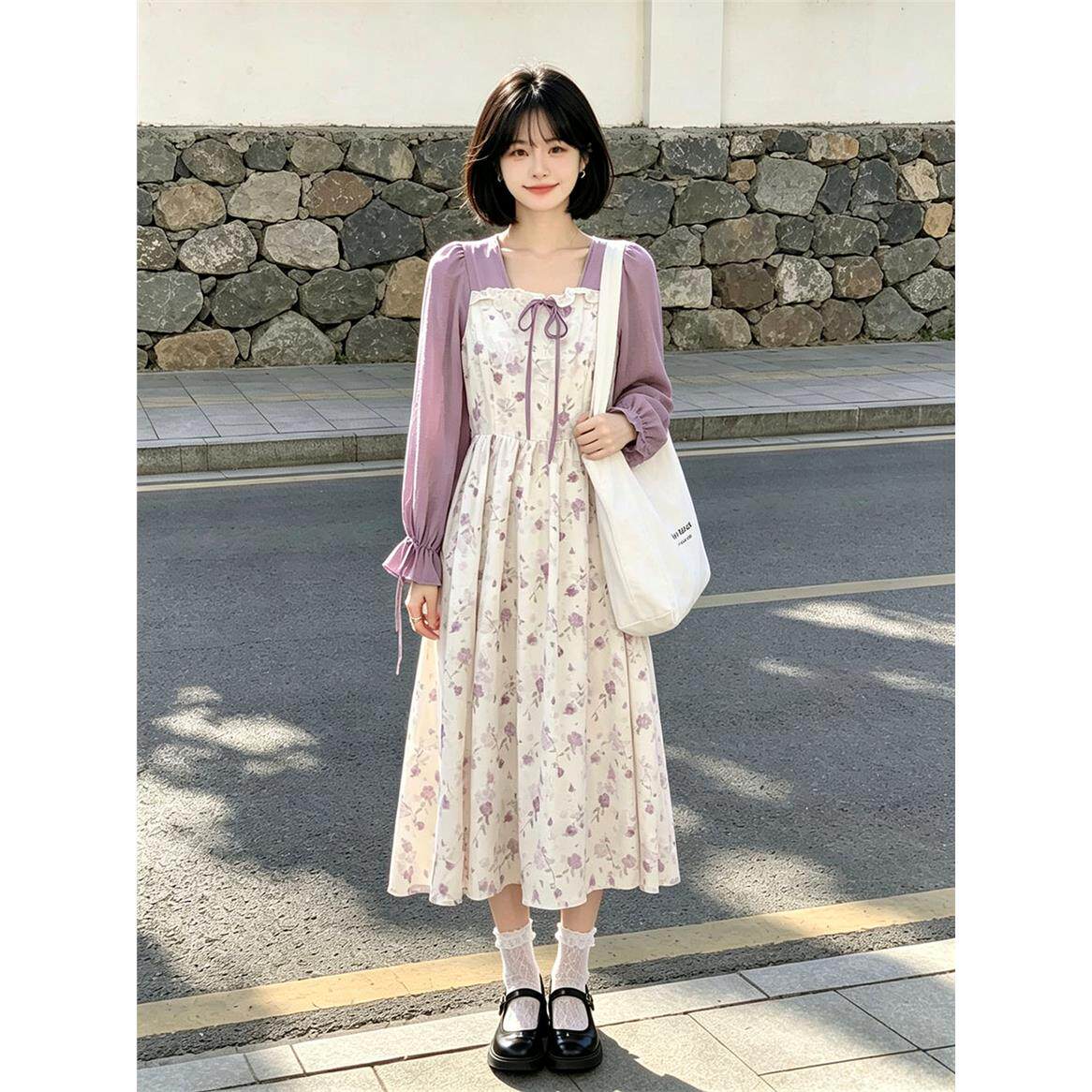 早秋温柔风紫色碎花连衣