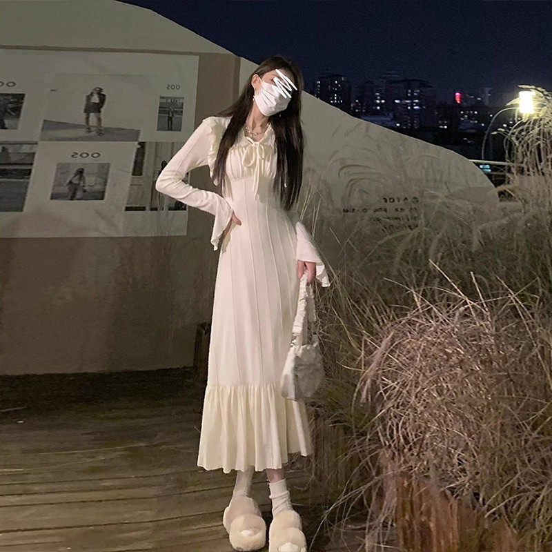 法式长袖白色连衣裙子早