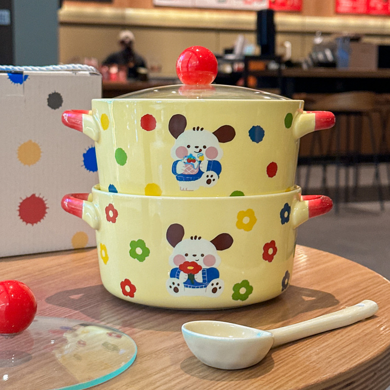奶油风餐具可爱帕恰狗陶瓷泡面碗带盖双耳汤碗学生宿舍用方便面碗