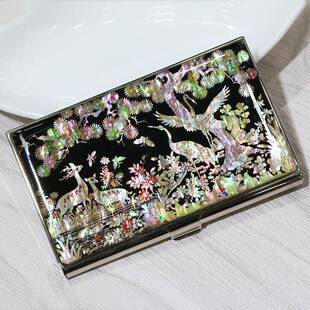 螺钿漆器全手工贝雕镶嵌 仙鹤图名片夹名片盒钥匙扣套装 送礼佳品