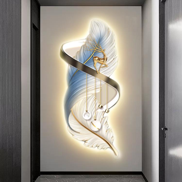新款玄关装饰画羽毛现代轻奢入户走廊挂画竖版led灯画过道墙壁画
