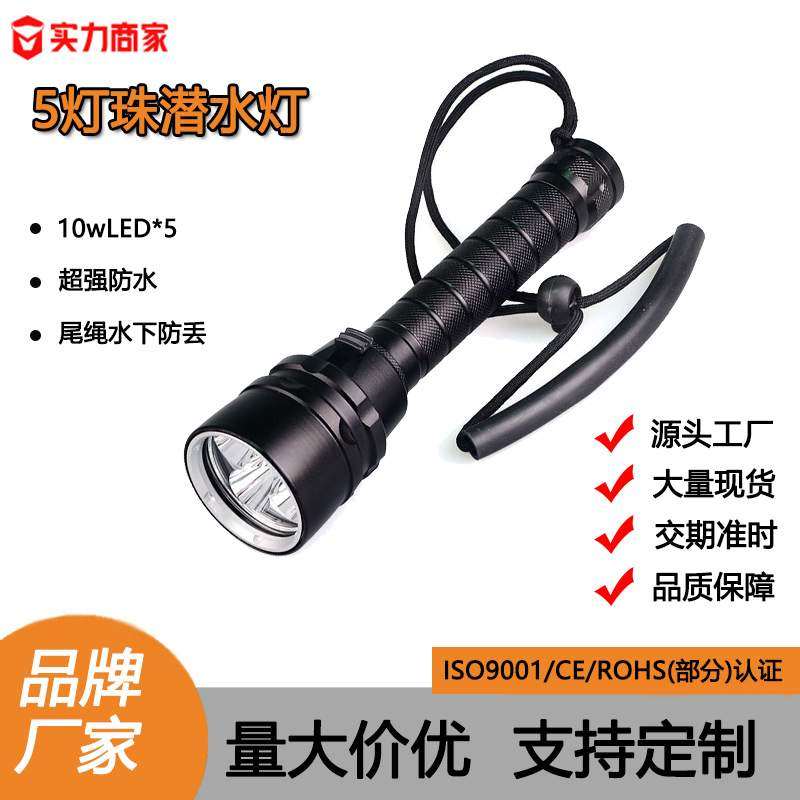 跨境5灯珠T6户外强光远射手电筒潜水专用IP68防水高流明led