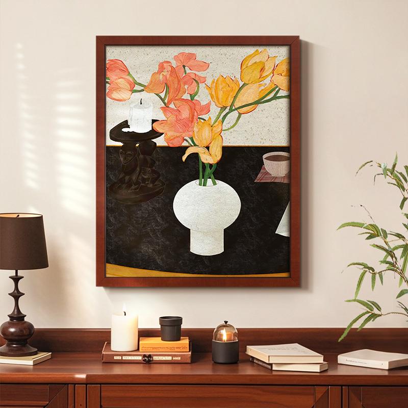 现代法式中古风客厅装饰画餐厅背景墙玄关柜复古卧室花瓶花卉挂画