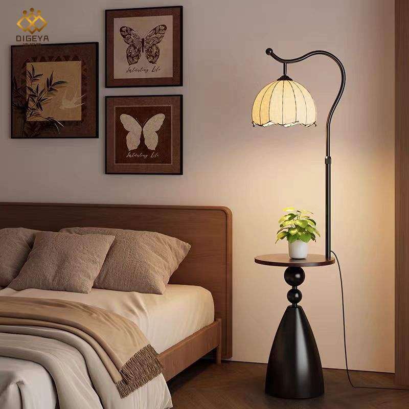 迪格雅中古客厅沙发旁置物架一体落地灯卧室床头氛围感护眼柜台灯