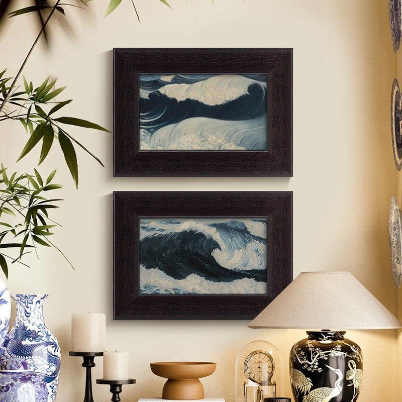 法式中古风客厅装饰画小众复古浮世绘餐厅玄关挂画美式高级感壁画