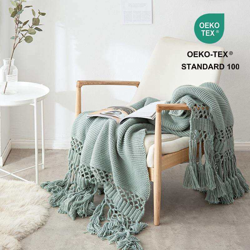 美式风格手工针织线毯加厚床尾毯沙发盖毯拍照道具镂空流苏毯搭巾