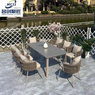 北欧户外桌椅庭院室外花园防晒岩板外摆桌子阳台金属休闲桌椅组合