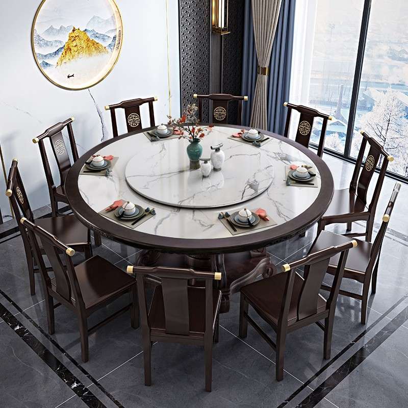 新中式内嵌岩板餐桌2米m包间饭桌10人12人实木圆形酒店电动大圆桌