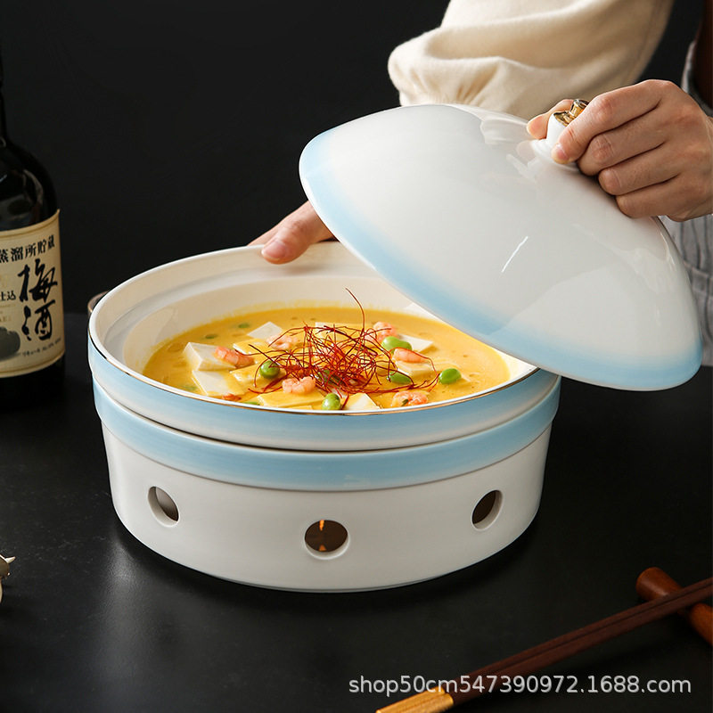 时尚渐变蓝金边加热餐具陶瓷会所酒店蜡烛加热深盘宫廷炉套明档