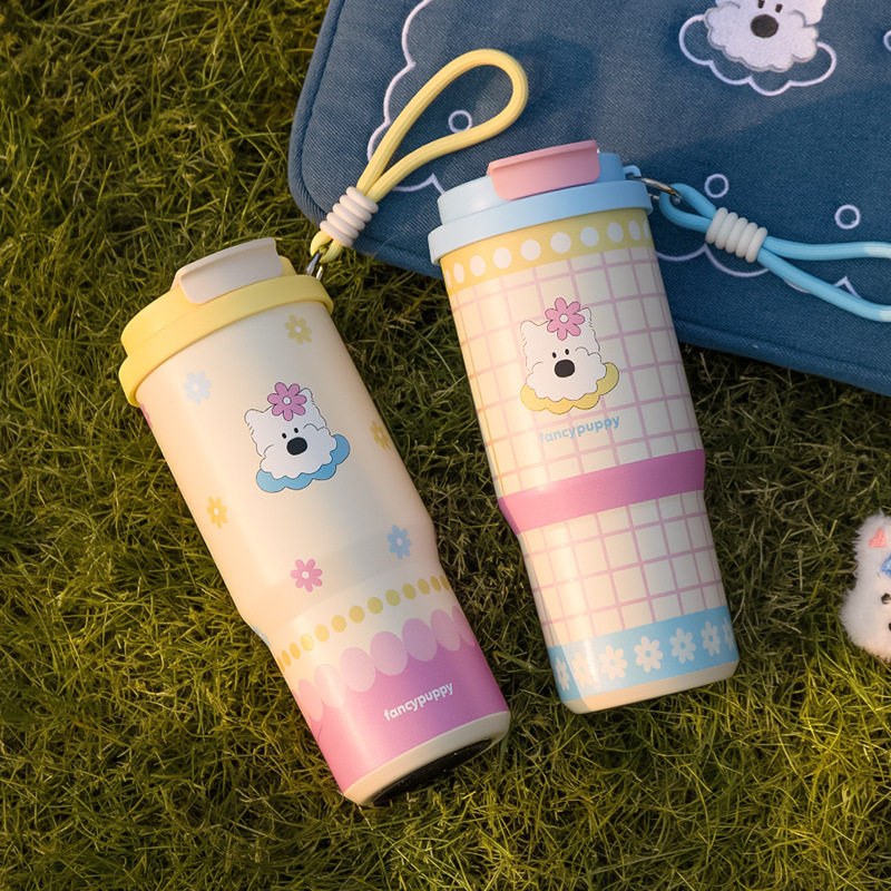 新款吸管杯咖啡杯带提绳杯随手水杯子陶瓷内胆保温水杯女生便携