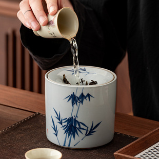 草木灰带盖茶渣缸陶瓷烟灰缸桌面建水废水桶家用大容量茶洗洗水盂