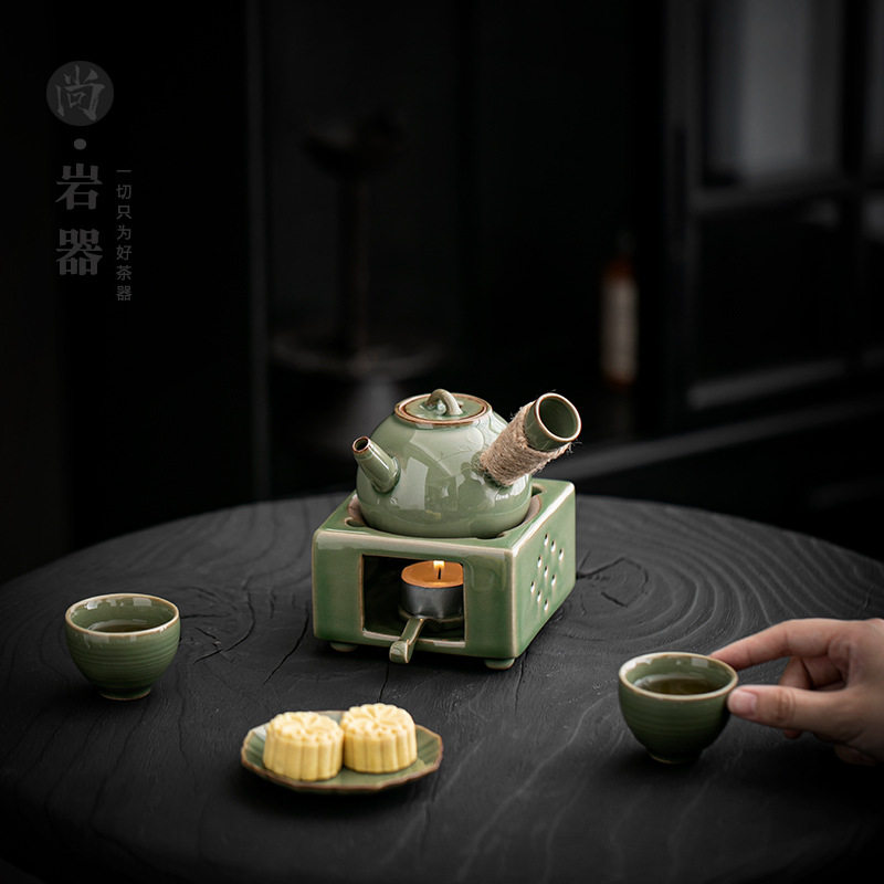 复古青瓷侧把壶温茶炉茶壶套装陶瓷蜡烛炉家用暖茶炉子保温底座